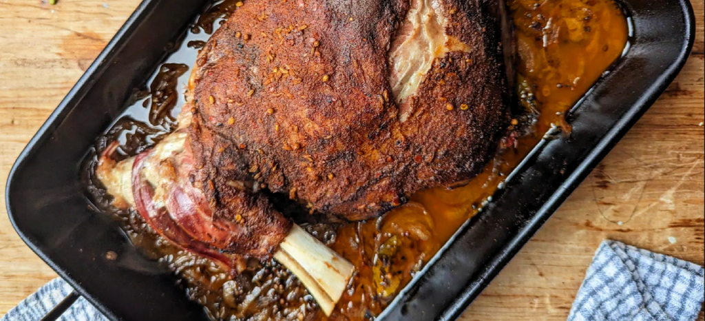 Slow Roast Shoulder of Lamb with Ras El Hanout, Smoked Aubergine and Hot Mint Sauce