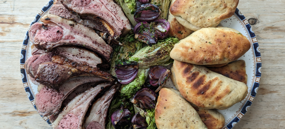 Richard H. Turner’s Charcoal Roast Rack of Lamb with Burnt Red Onion Salad and Lamb and Pecorino Flatbreads