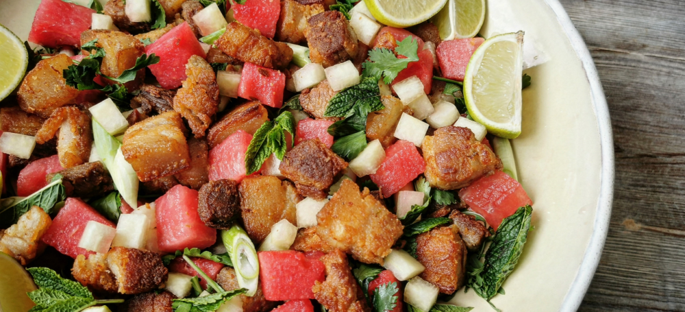 Crispy Rillon & Pickled Watermelon Salad by Richard H. Turner