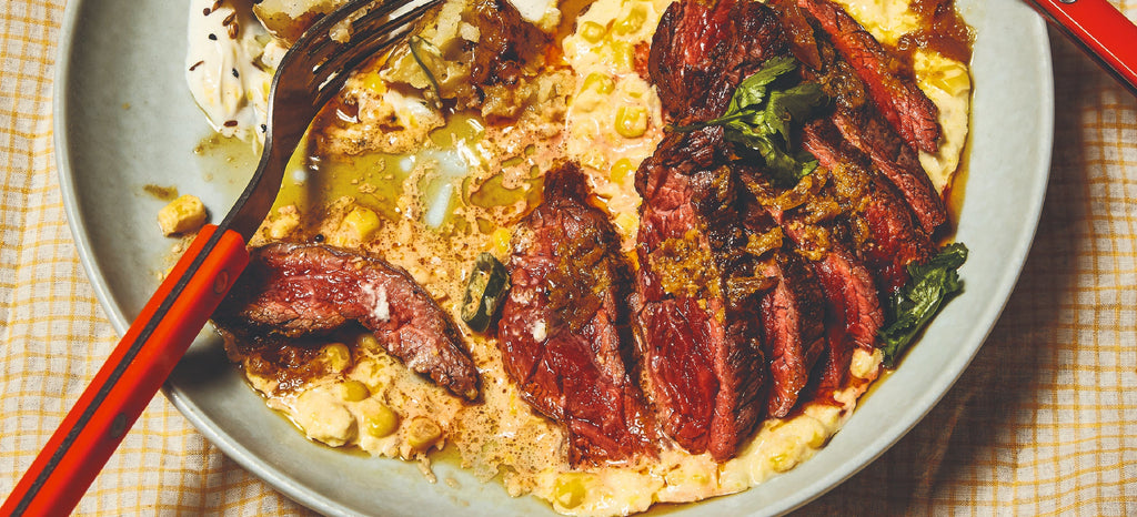GRILLED BAVETTE WITH SOUR CREAMED CORN & LIME PICKLE BUTTER BY HELEN GRAVES