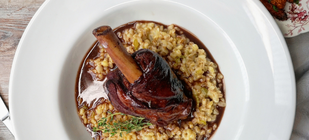 RED WINE BRAISED LAMB SHANKS WITH PEARL BARLEY RISOTTO