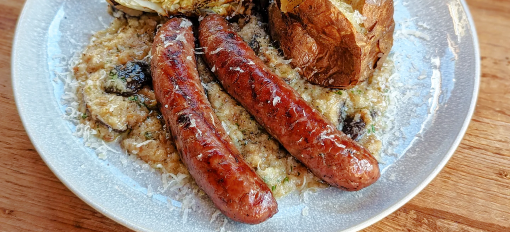 Grilled T&G Steak Sausages with Pennybun and Bone Marrow Sauce