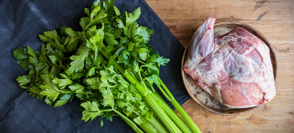 Slow Cooked Shoulder of Lamb with Anchovy, Capers, Rosemary and Celery