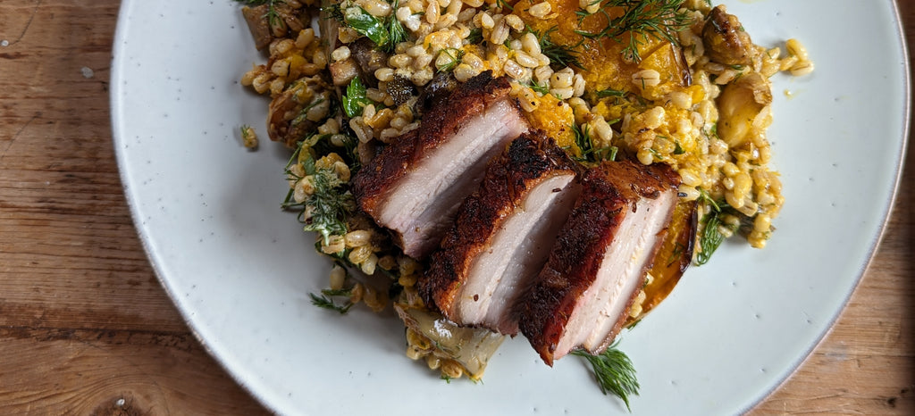 Smoked Pork Belly with Pearl Barley, Squash and Mushrooms