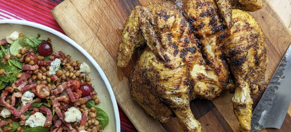 Brined Spatchcock Chicken with Spinach, Lentil and Cherry Salad