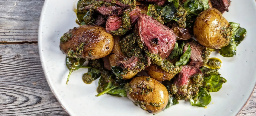 ONGLET, JERSEY ROYALS, SPINACH AND ZHOUG