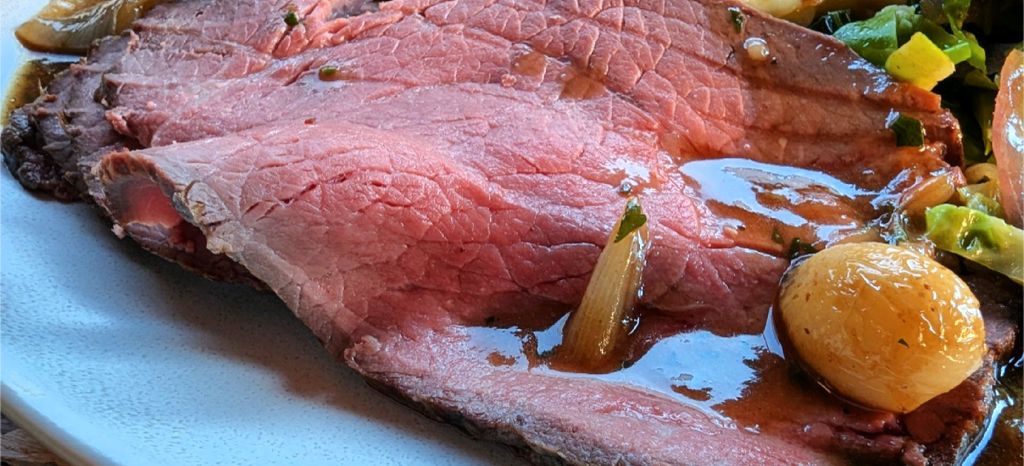 ULTRA SLOW ROASTED TOPSIDE WITH BRAISED SHALLOTS AND BONE MARROW